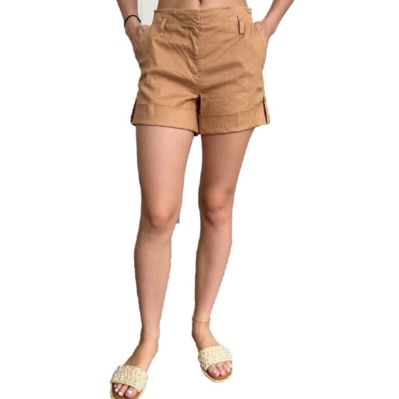 NWT Laundry Shelli Segal Linen Shorts Khaki Paper Bag Belt Loops Cuffed Size 6